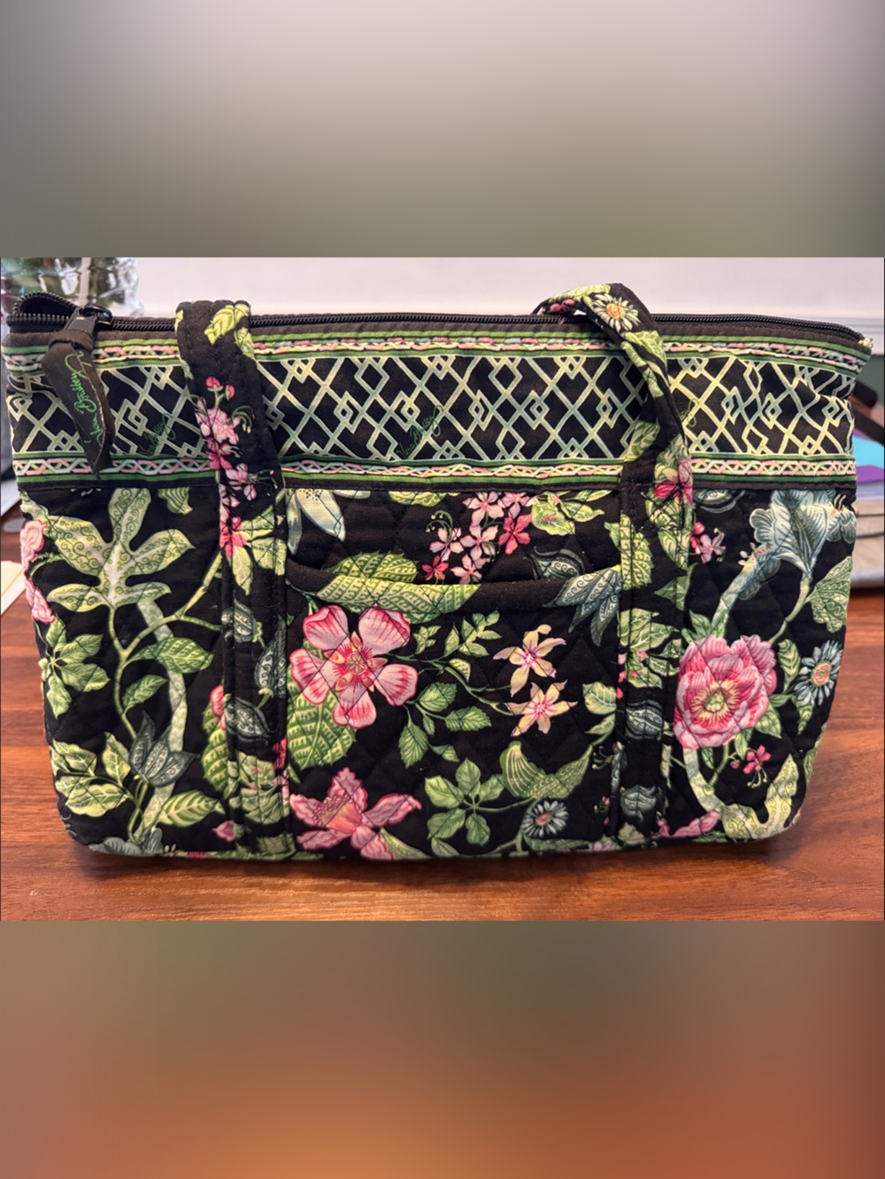 Vera Bradley Black Quilted Floral Tote with Pink & Green Accents